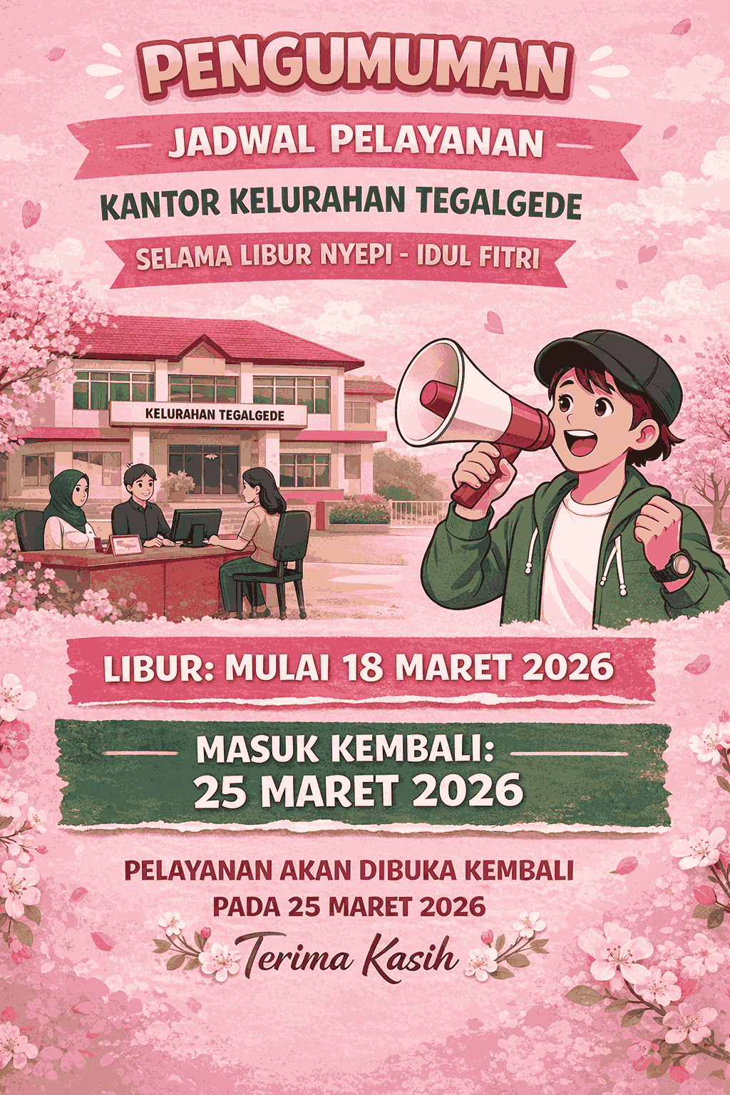 Pengumuman jadwal pelayanan Kantor Kelurahan Tegalgede selama Libur Nyepi - Idul Fitri