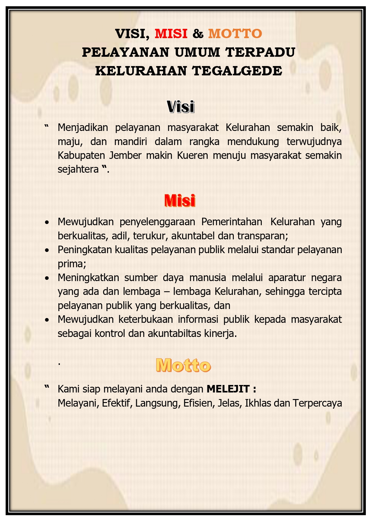 VISI, MISI, MOTTO KELURAHAN TEGALGEDE